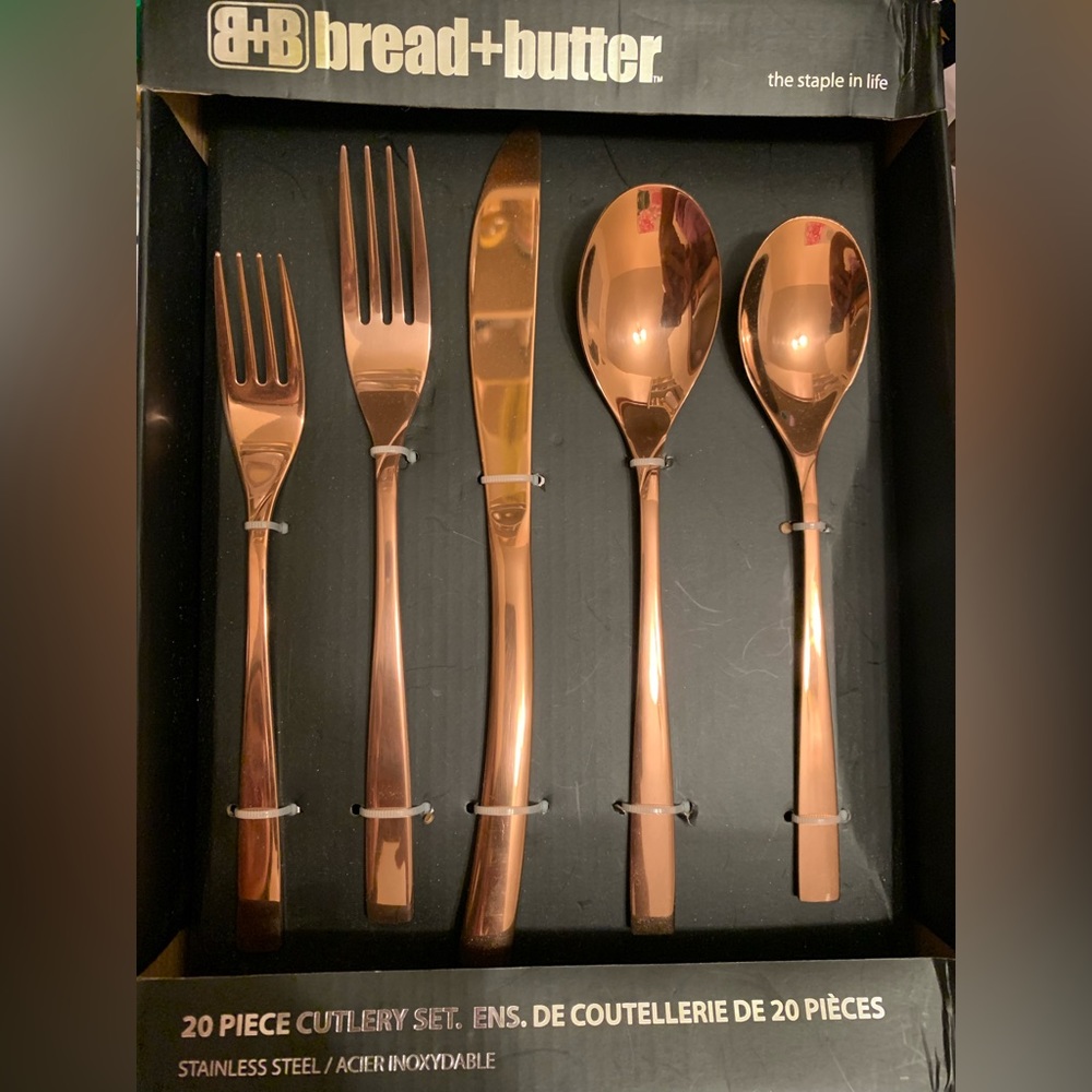 NEW BREAD+BUTTER 20 PC CUTLERY SET COPPER,ROSE GOLD STAINLESS STEEL UTENSILS